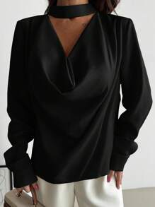 Firerie 女士时尚领口修身纯色缎面长袖衬衫，春夏优雅职业通勤装，情人节系列 - 黑色 - 查看 6