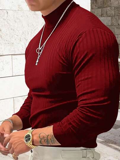 Manfinity Dauomo 남성 캐주얼 솔리드 컬러 스탠드 칼라 슬림핏 긴소매 티셔츠, 가을/겨울, 가을