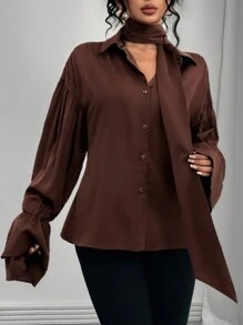 SHEIN Lady 女士纯色前扣长袖休闲上衣，日常穿着 - 巧克力棕 - 查看 6