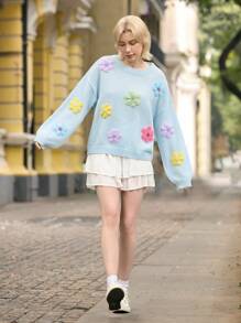 Skyraze Women 3D Floral Decor Round Neck Long Sleeve Casual Sweater,3D Floral Design