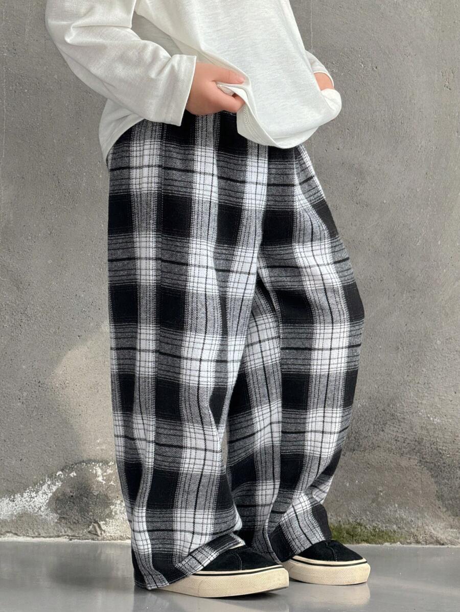 SHEIN Leap Crew Young Boy Casual Loose Fit Black & White Plaid Wide Leg Pants, Suitable For Commuting, School, Daily Leisure, Vacation, Travel, Suitable For Sports, Suitable For Kids', Young Boy , School Young Boy Set, Young Boy, Family Matching, Birthday Party, Suitable For Daily, Suitable For School, Suitable For Sports, Spring And Summer Season. - Black - View 1