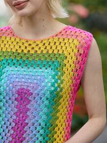 Skyraze 女士彩虹无袖长款钩针迷你连衣裙，手工钩编