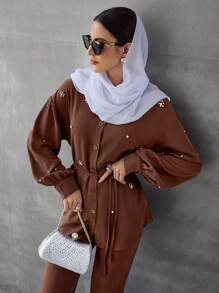 Modelyn 2 件套女士前扣长袖简约上衣和长裤 2 件套 - 棕色 - 查看 2