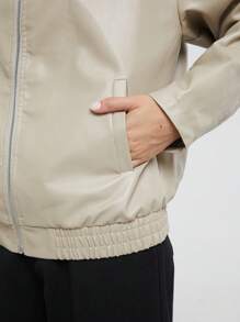 Easelle Áo khoác da PU hở vai có khóa kéo thời trang và giản dị - Màu be - Xem 6