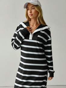 Hanevo 秋季女士黑白条纹休闲连衣裙 - 彩色 - 查看 3