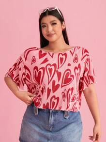 SHEIN EZwear Plus Size Round Neck Heart Print Pleated Short Sleeve T-Shirt For Summer - Red - View 5