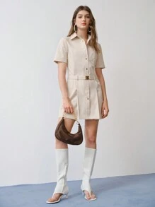 MOTF STUDIO VESTIDO ABOTONADO CON BORDADO FLORAL - Caqui - Ver 9