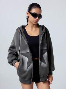 LYSMO Women Star Print Zip-Up Dropped Shoulder Long Sleeve Hoodie Sweatshirt, Autumn,Long Sleeve Tops - Dark Grey - View 4