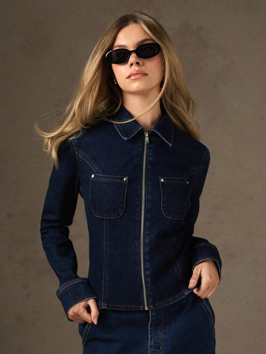 MISSGUIDED Premium Fitted Denim Jacket With Metal Zip Front Classic Western Workwear Style Modern Streetwear Fashion - Blue - View 1