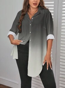 SHEIN Essnce Camisa de manga larga para mujer talla grande, camisa estampada con degradado, ropa de mujer para otoño, blusas con mangas para uso profesional, blusas de mujer de manga larga para otoño - Gris - Ver 1
