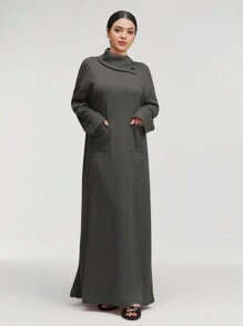 Al Najma 女式纯色高领长袖口袋宽松长款休闲阿拉伯朴素连衣裙，休闲风格，适合日常休闲/旅游/度假/休假/家居服，超长款阿拉伯朴素连衣裙 - 灰色 - 查看 5