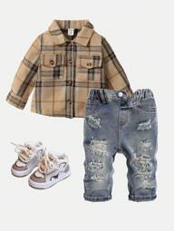 SHEIN Toddler/Baby Boys Fashionable Retro Design Distressed Vintage Washed Ripped Frayed Loose Fit Blue Jeans,Without Shirt,For Baby Outdoor Wear Clothes Outfits And Daily Wear Outfits