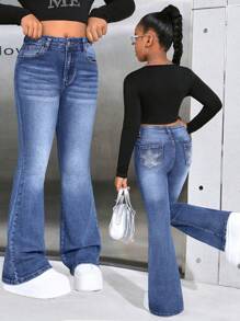 SHEIN Tween Girls Y2K Fashion Casual Flare Leg Jeans Star Pattern With Rhinestones, Girls Fall Clothes Back To School Outfits