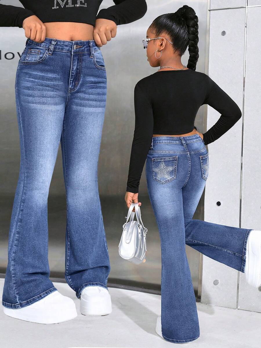 SHEIN Tween Girls Y2K Fashion Casual Flare Leg Jeans Star Pattern With Rhinestones, Girls Fall Clothes Back To School Outfits