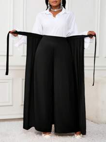 SHEIN Lady 春夏秋冬优雅香槟色编织褶皱长款大码裤子秋季女装冬季女装 - 黑色 - 查看 5