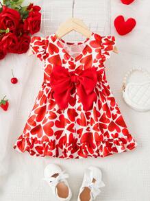 SHEIN 嬰幼兒女童休閒寬鬆短袖愛心圖案連衣裙 - 紅色 - 查看 2