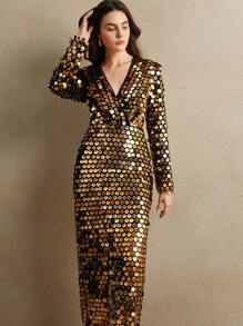 Anewsta 高端品牌女式亮片装饰长袖连衣裙，秋冬款 - 金色 - 查看 1