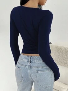 SHEIN EZwear 女款休閒深藍色短版上衣，長袖圓領基礎 T-shirt，適合外出穿著 - 藏蓝色 - 查看 2