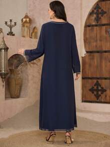 Al Najma Women's Spring & Summer Embroidered 2 Pieces Sheer Turkish & Arabic Style Maxi Dress Set, Modest Kaftan - Navy Blue - View 9