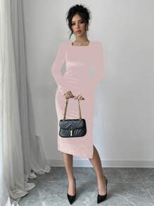 Chiquease Black Velvet Crew Neck Long Sleeve Backless Bowknot Slit Wrap Women Dress For Holiday Party Clothes Maxi Women Outfit Fall Cloth For Women - Baby Pink - View 3