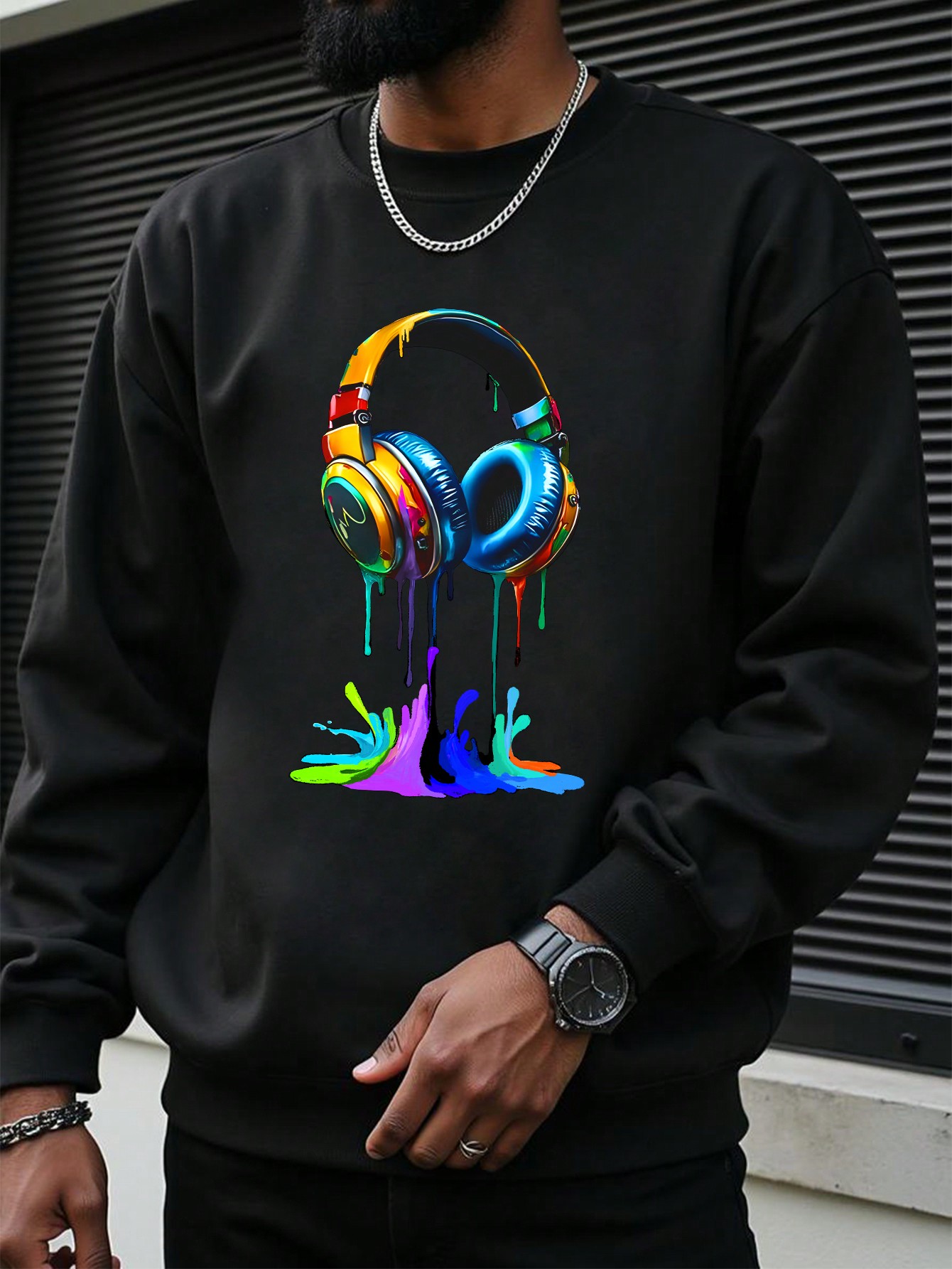 Manfinity Dauomo Men's Round Neck Long Sleeve Printed Minimalist Pullover Hoodie, Casual Daily Wear