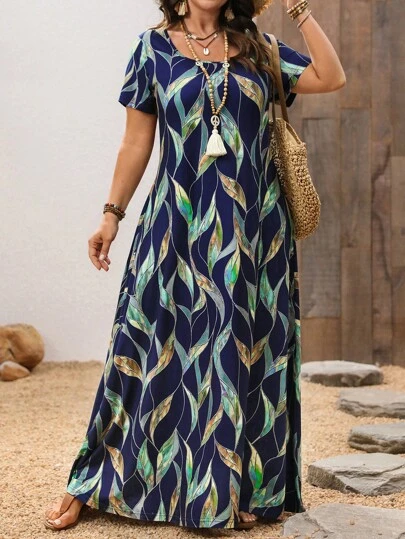 EMERY ROSE Plus Size Women Blue Floral Print Short Sleeve Square Neck Maxi Dresses,Vacation Dresses ,Women Summer Dresses,Flower/Spring