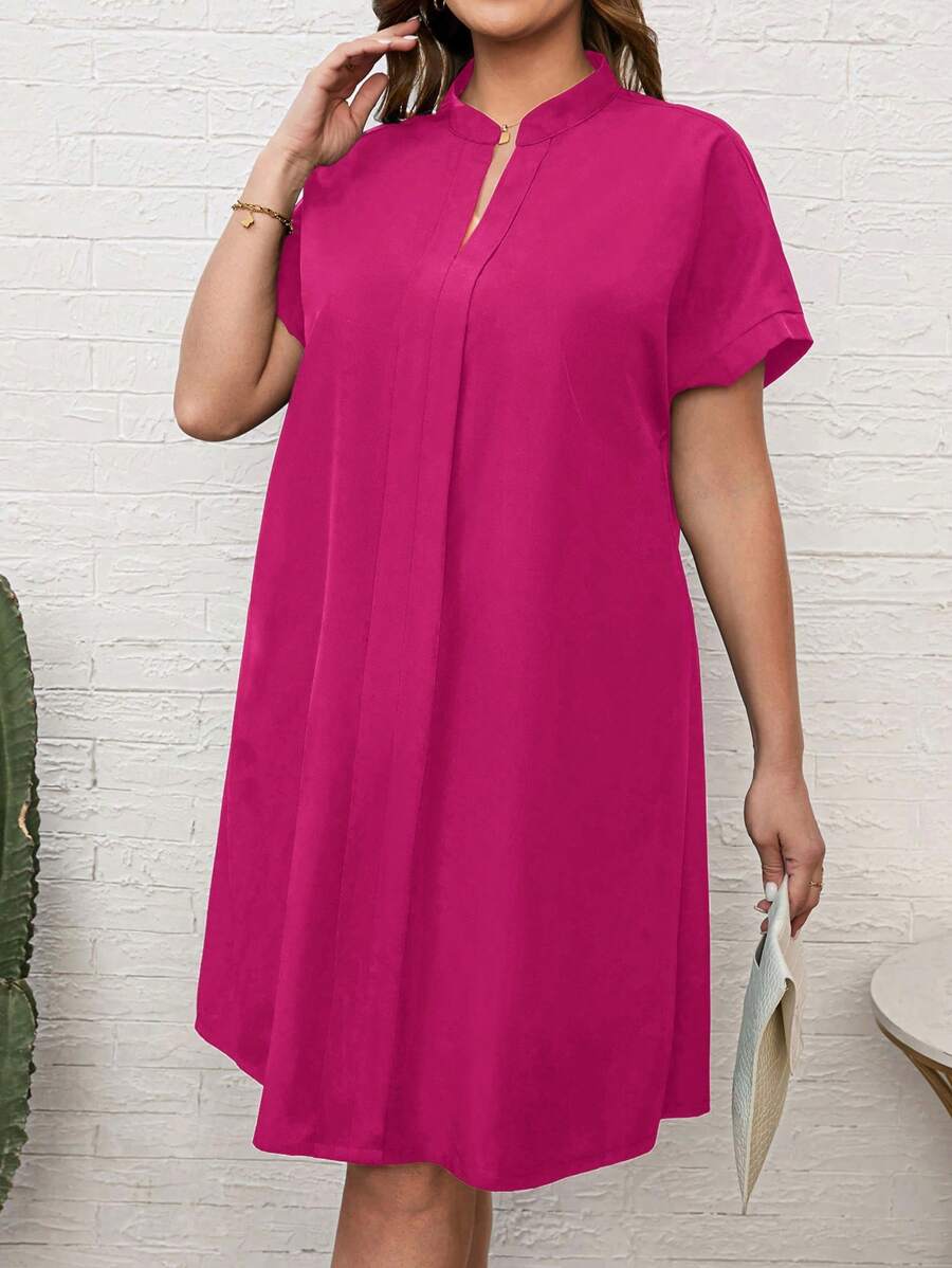 EMERY ROSE Plus Size Summer Notched Neckline Black Short Sleeveblack Dress With Cut-Out Detail - Hot Pink - View 1