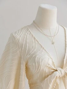 Soleia Women's Summer Vacation Beige Textured Woven Open Front Tie-Knot Flare Sleeve Ruffle Cuff Blouse, Hippie Western Festival, Easter, Carnival, Afternoon Tea, Party - Beige - View 5