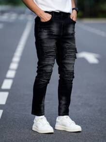 Manfinity LEGND Men's Front Button Pocket Distressed Simple Jeans, Casual Daily Wear - Black - View 5