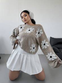 Flirla Plus Size Women Floral Pattern Round Neck Long Sleeve Casual Sweater, Autumn/Winter Knit Pullover Fall - Apricot - View 5