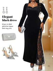 SHEIN Lady Vestido elegante de talla grande de estilo de cola de sirena de punto negro para fiesta de cóctel de San Valentín de otoño e invierno, vestidos de fiesta para mujer, vestidos de cola de sirena, vestidos de encaje negro, vestidos de fiesta formales