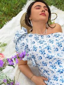 Franclia Plus Size Boho Floral Pattern Asymmetric Hem Casual Cold Shoulder Dress, For Summer