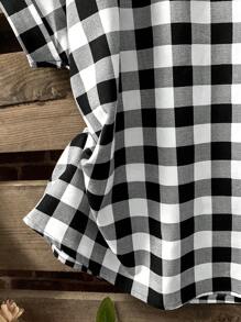 Linhara Plus Size Women Summer Elegant Vintage Plaid Pocket Patched Blouse - Black and White - View 5