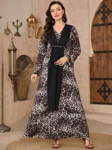 Al Najma Women's V-Neck Pullover Pleated Chiffon Kaftan Dress With Leopard Print, Spring/Summer - Multicolor - View 3