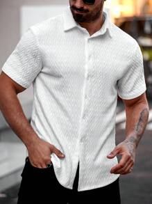 Manfinity Homme 男士纯色短袖单排扣休闲宽松衬衫男装男士衬衫男士衬衫休闲 - 白色 - 查看 3