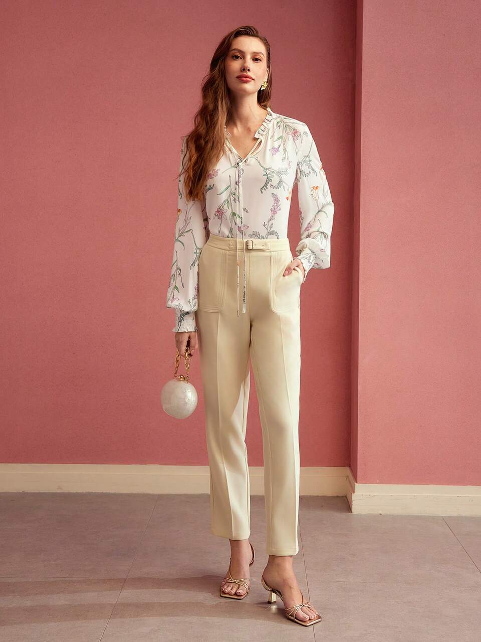 MOTF FLORAL PRINT TIE NECK LIGHTWEIGHT BLOUSE, LONG SLEEVES,SPRING/SUMMER