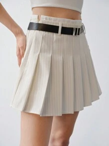 MOTF STUDIO 条纹褶饰腰带裙 - 白色 - 查看 7