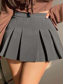 Dazy Petite Plus 加大码灰色纯色百褶迷你裙，学院风秋季 - 灰色 - 查看 9