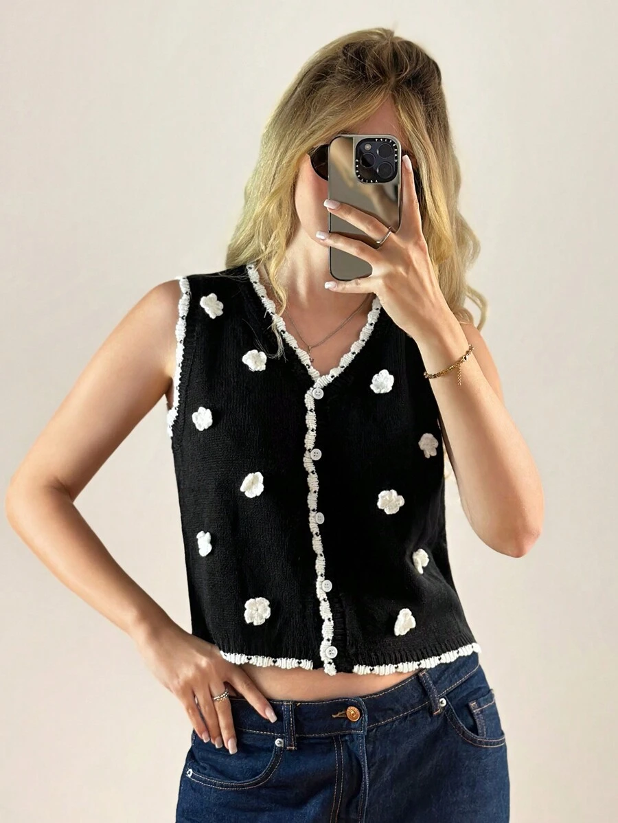 Forever 21 Women's Colorblock Trim 3D Floral Decorated Button Front Cardigan Vest - Black - View 1