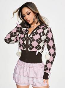 ROMWE Kawaii Y2K Himekaji Argyle Pattern Bowknot Front Cardigan For Women - Brown - View 2