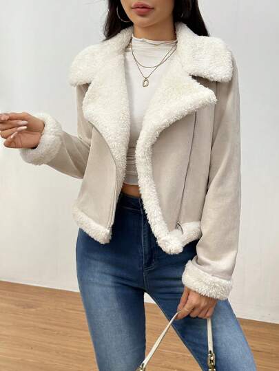 SHEIN EZwear Women CoatsTeddy Lined Open Front Suedette Moto Jacket In Fall/Winter