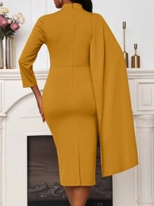 Lyxana 女士秋冬优雅领口褶皱拼接紧身中长连衣裙长款缎面女装 - 黃色 - 查看 2