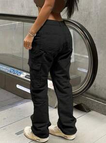 Women Y2K Style Multi-Pocket Loose Straight Leg Denim Cargo Pants - Black - View 2