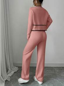 Elenzga 2pcs/Set Casual Color Block Trim Cardigan Sweater & Pants Set, Autumn/Winter - Pink - View 2