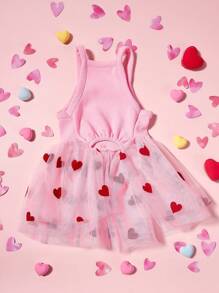 PETSIN 1pc Pet Valentine's Day Pink Knitted Patchwork Red Heart Flocked Mesh Bow Decor Cute & Sweet Dog Dress