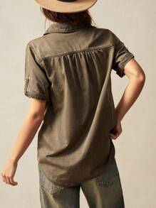 Bohemela 女士休闲纯色梭织宽松短袖衬衫西部风女装节日嬉皮女牛仔 - 灰色 - 查看 7