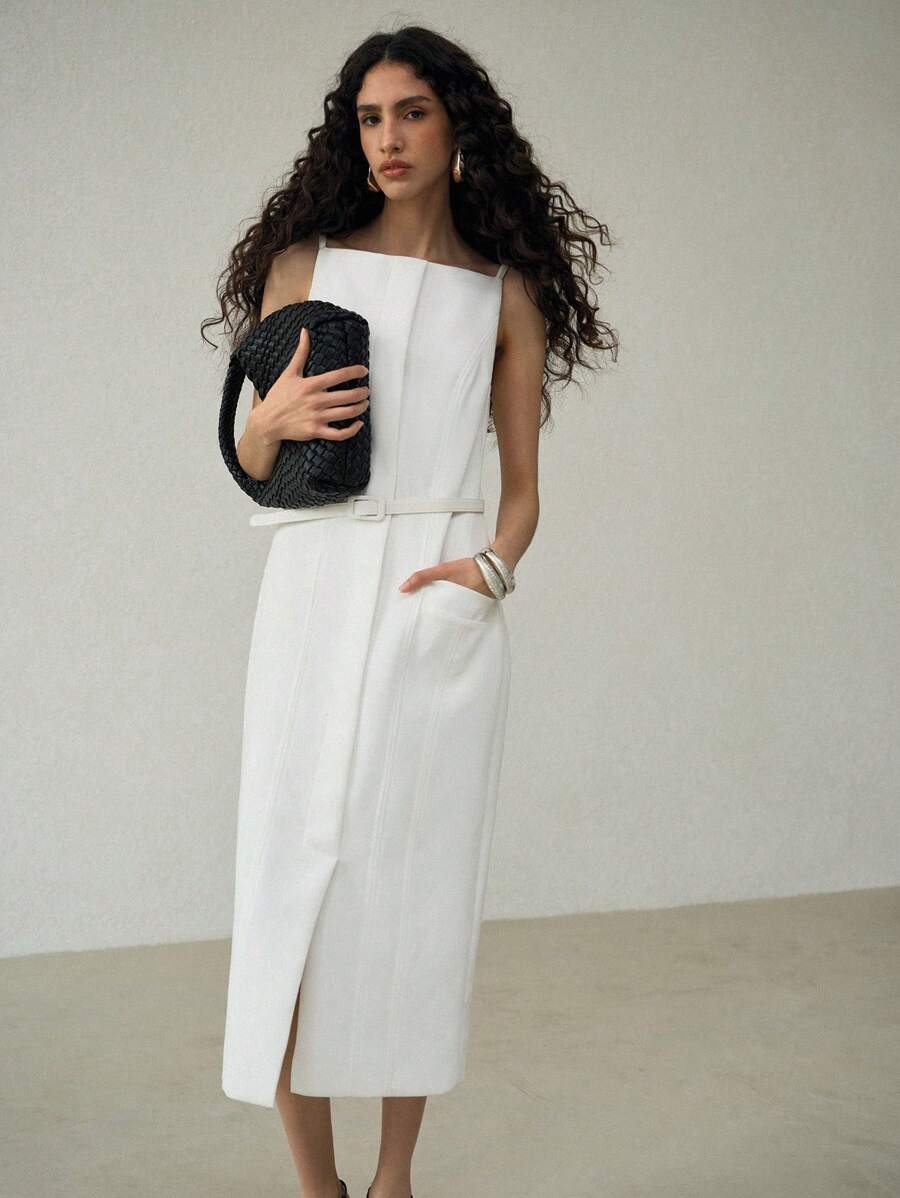 MOTF PREMIUM 双口袋开衩下摆连衣裙 - 白色 - 查看 1