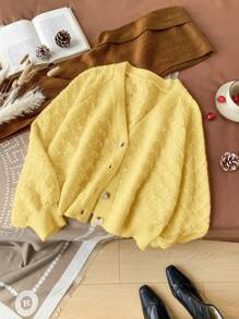 SHEIN Privé Plus Size Casual Vacation Home Vintage Elegant Afternoon Tea Apricot Crew Neck Long Sleeve Knitted Cardigan Sweater, Autumn/Winter - Yellow - View 7