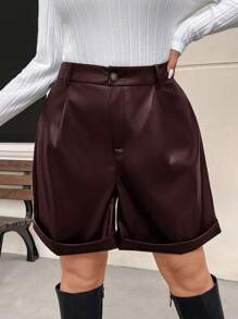 SHEIN Frenchy Plus Size Casual Biker Style PU Shorts - Red - View 1