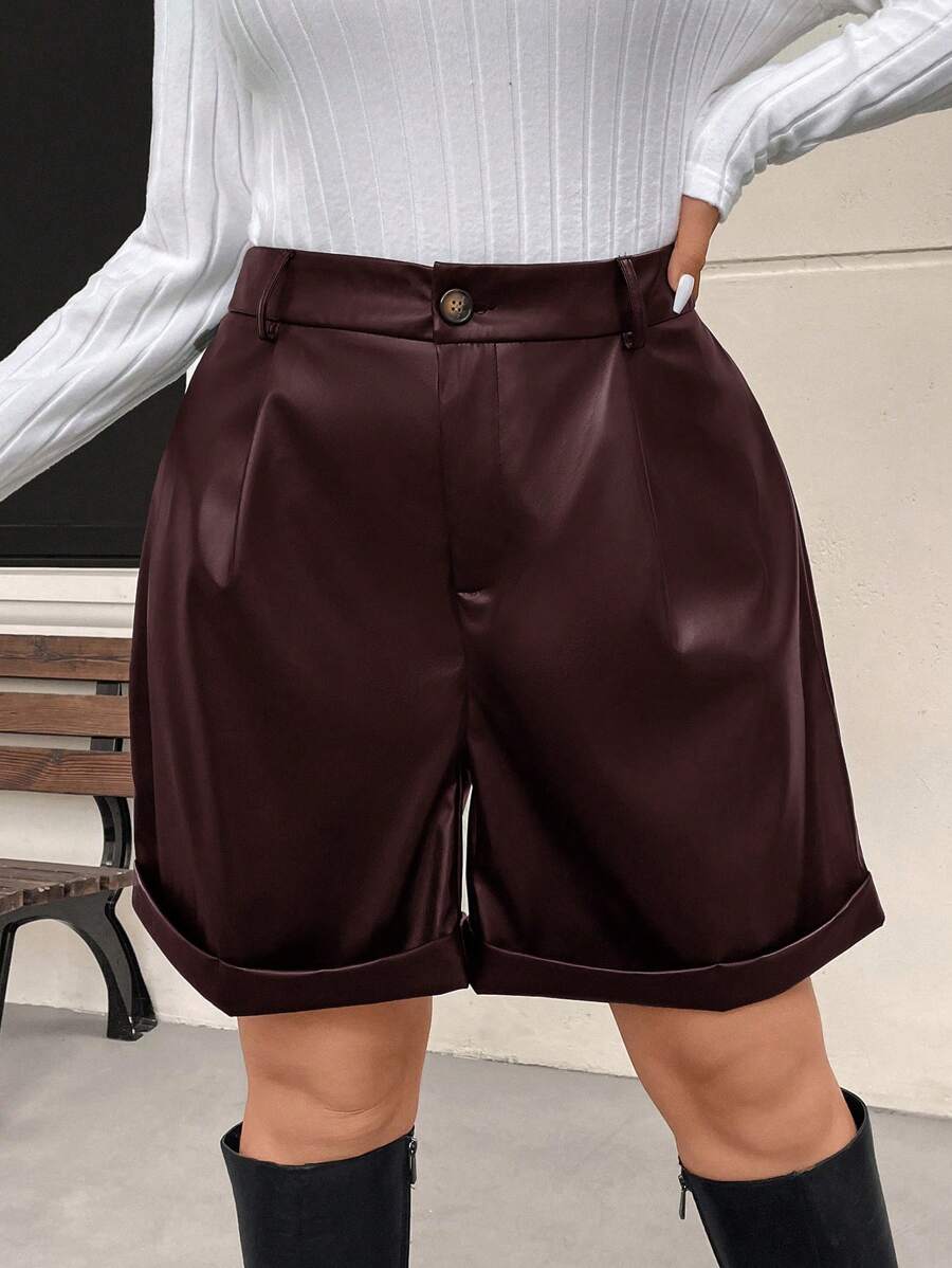 SHEIN Frenchy Plus Size Casual Biker Style PU Shorts - Red - View 1